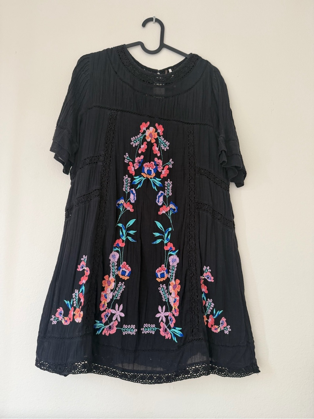Free People Black Embroidered Boho Swing Dress
